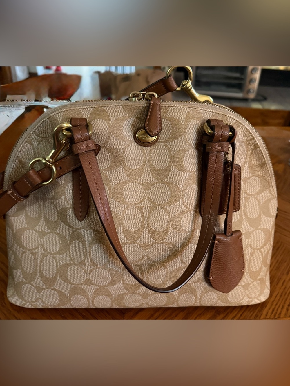 Coach Khaki Signature Canvas Dome Satchel with Brown Trim shoulder strap